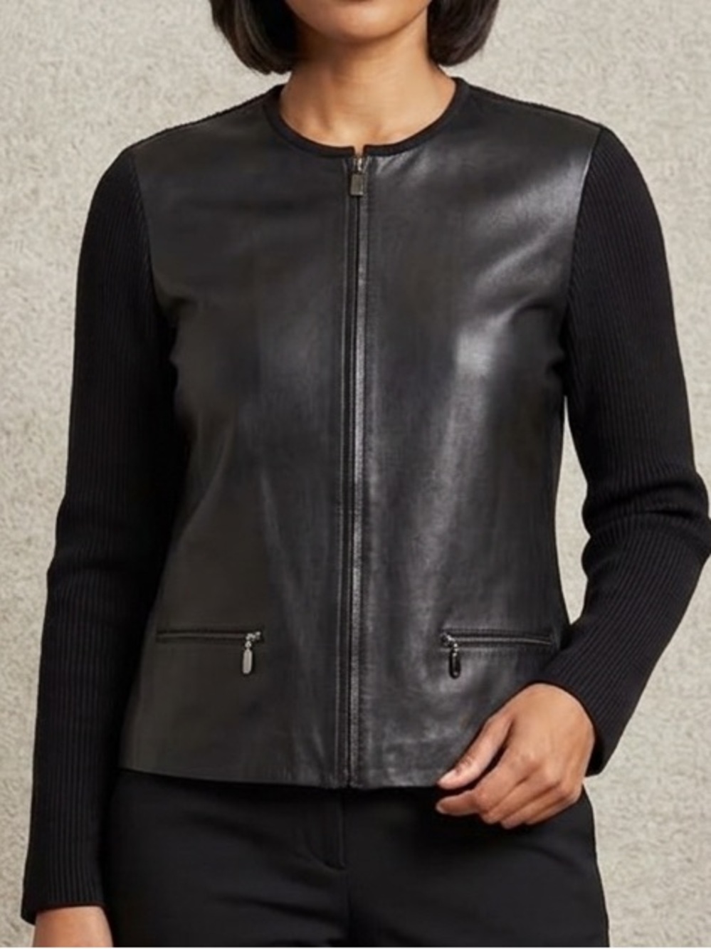 100% Leather & 100% merino wool women’s jacket M Coldwater Creek black casual